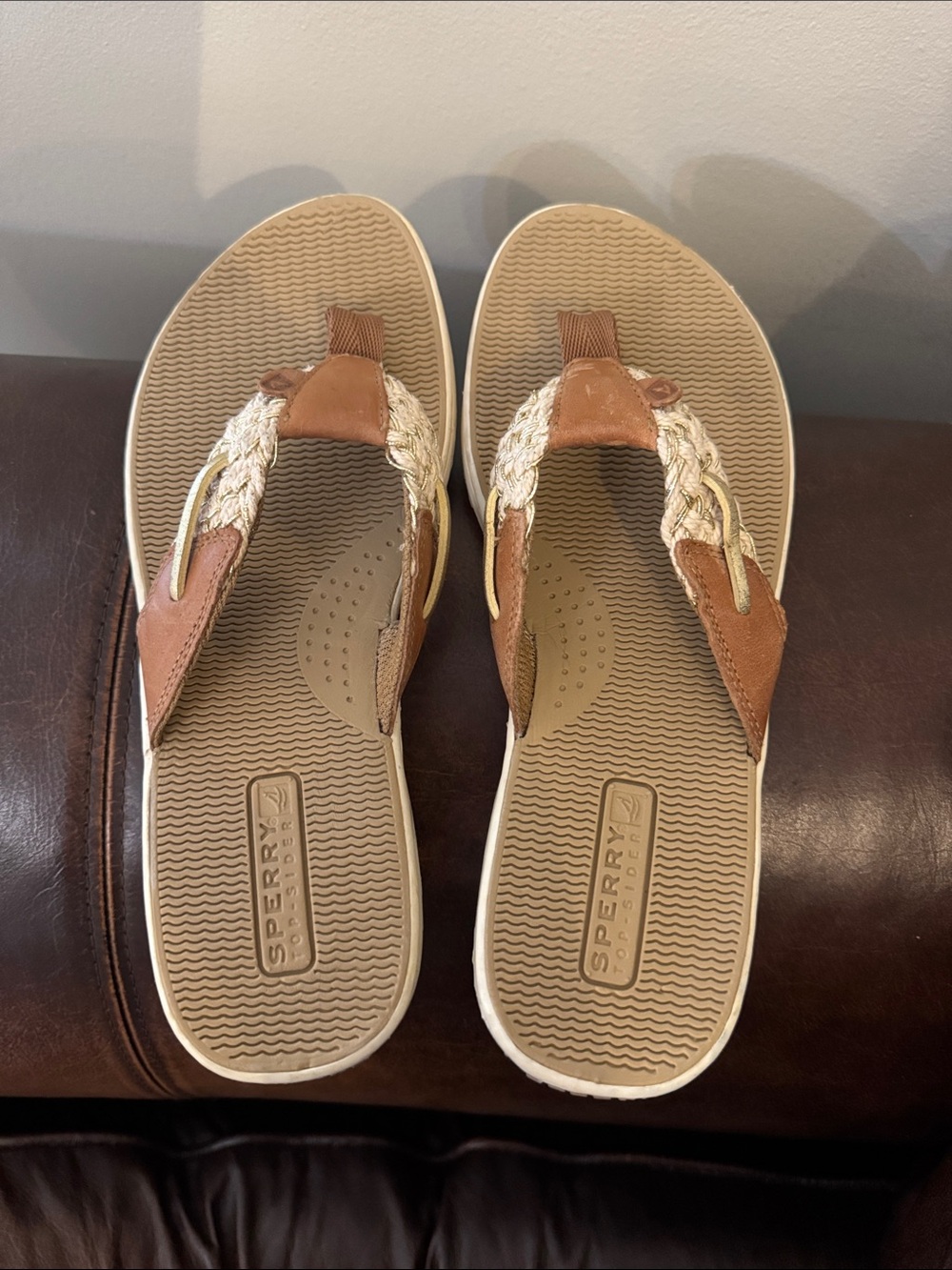 Sperry Women's Brown Braided Thong Sandals with Cream Accents